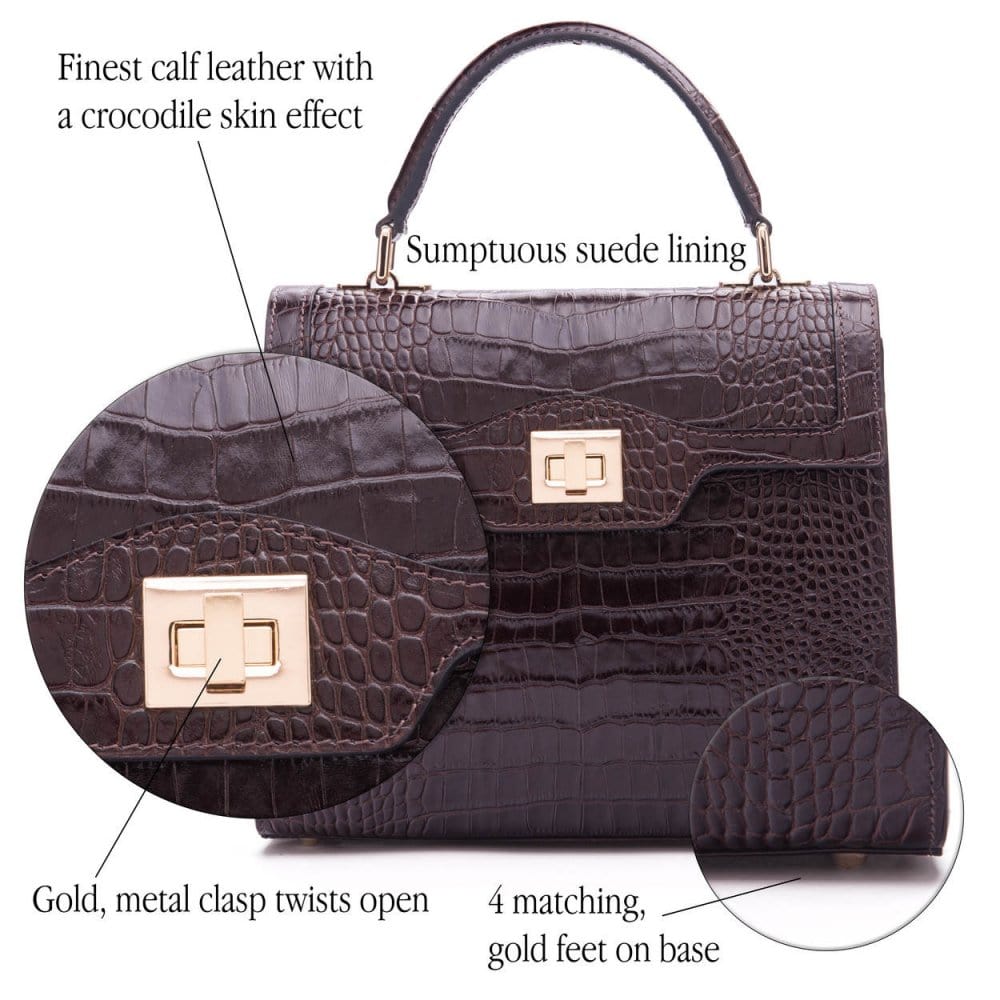 Leather signature Morgan bag, brown croc, features