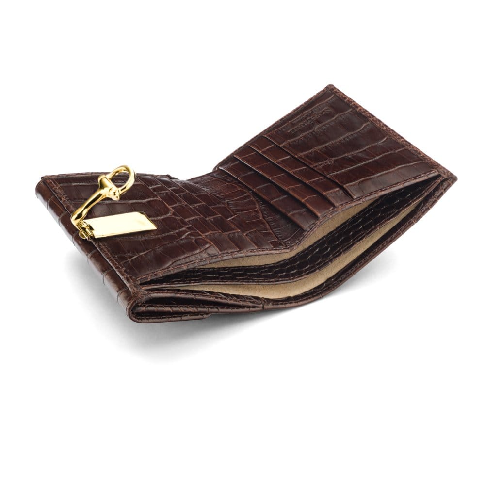 Leather purse with brass clasp, brown croc, inside