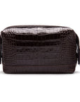 Leather wash bag, brown croc, front view