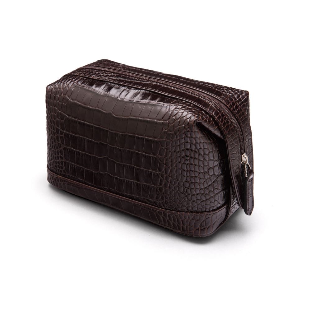 Leather wash bag, brown croc, side view