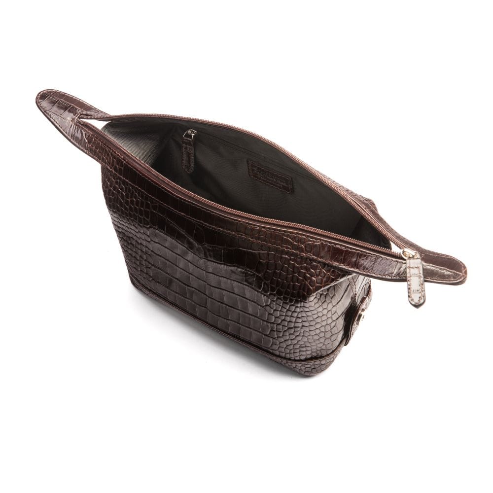 Leather wash bag, brown croc, inside view