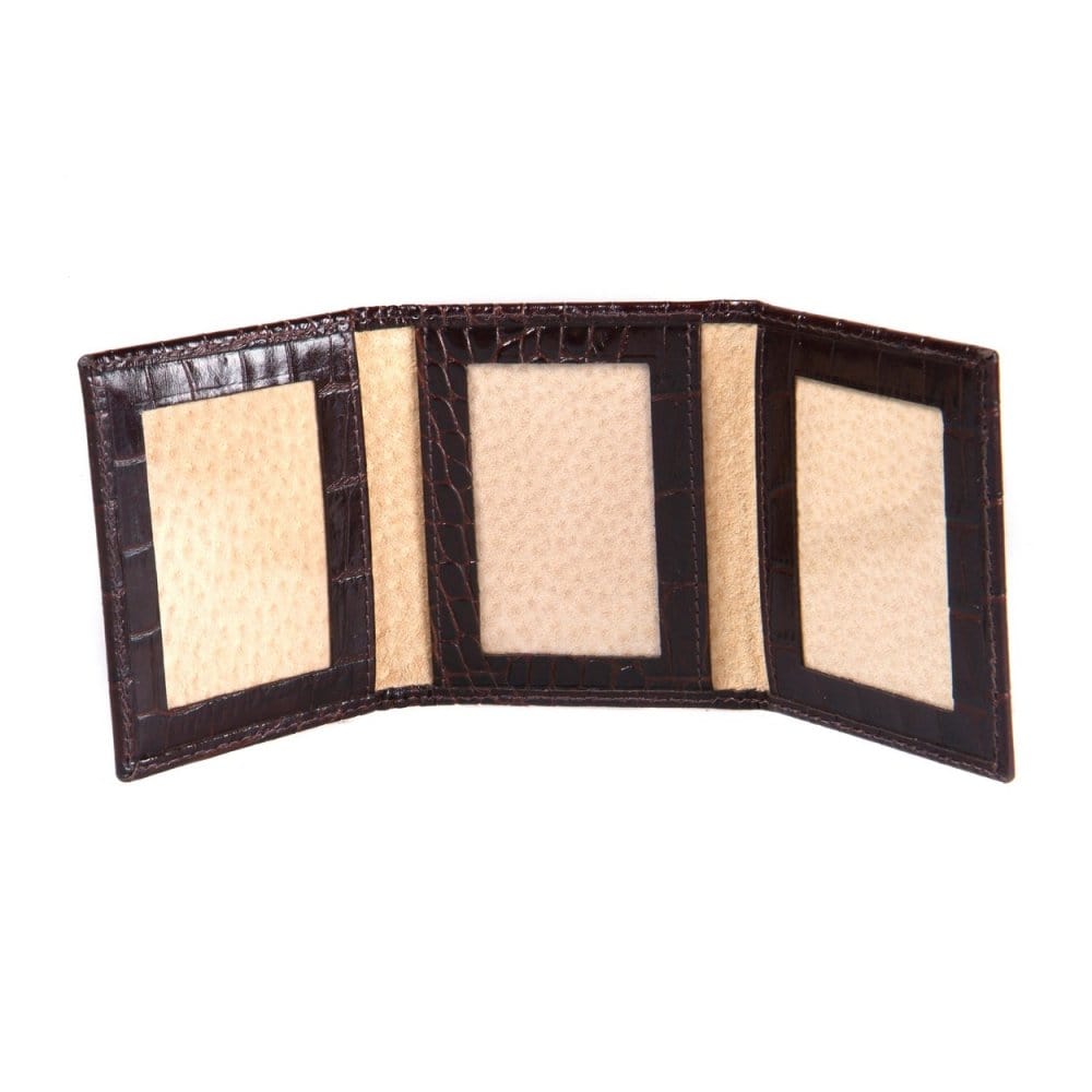 Mini leather trifold photo frame, brown croc, 60 x 40mm, inside