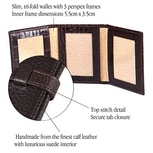 Mini leather trifold photo frame, brown croc, 60 x 40mm, features