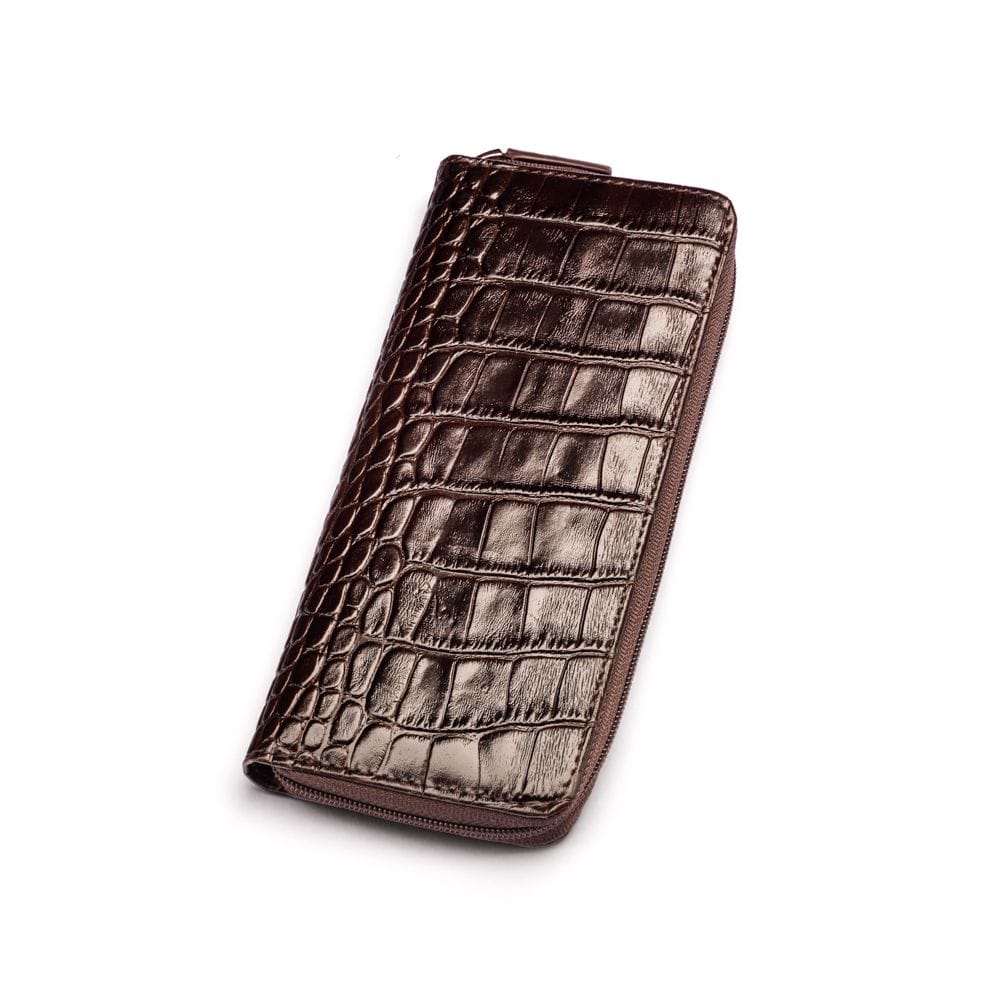 Leather zip around triple pen case, brown croc, front view