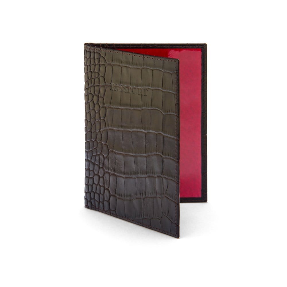 Luxury leather passport cover, brown croc, front