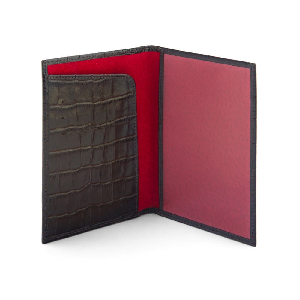 Luxury leather passport cover, brown croc, inside