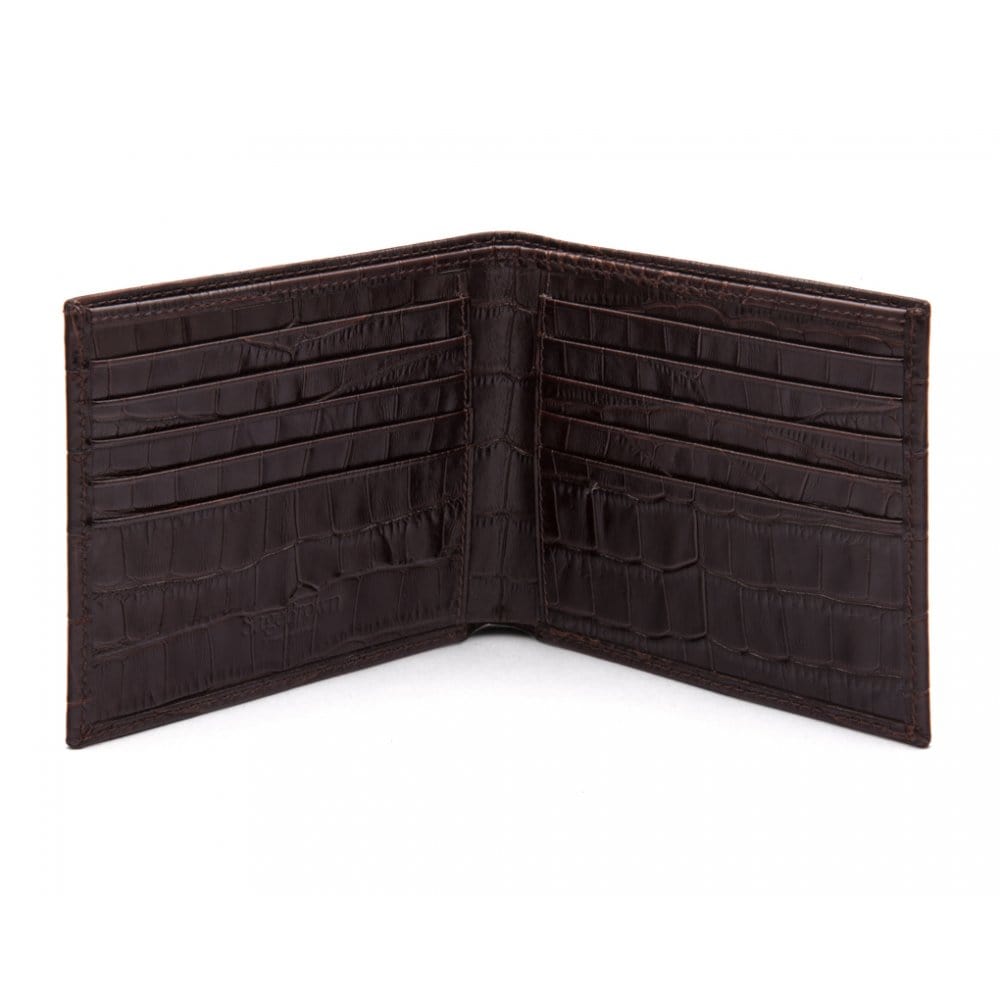 Men's leather billfold wallet, brown croc, open