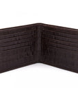 Men's leather billfold wallet, brown croc, open