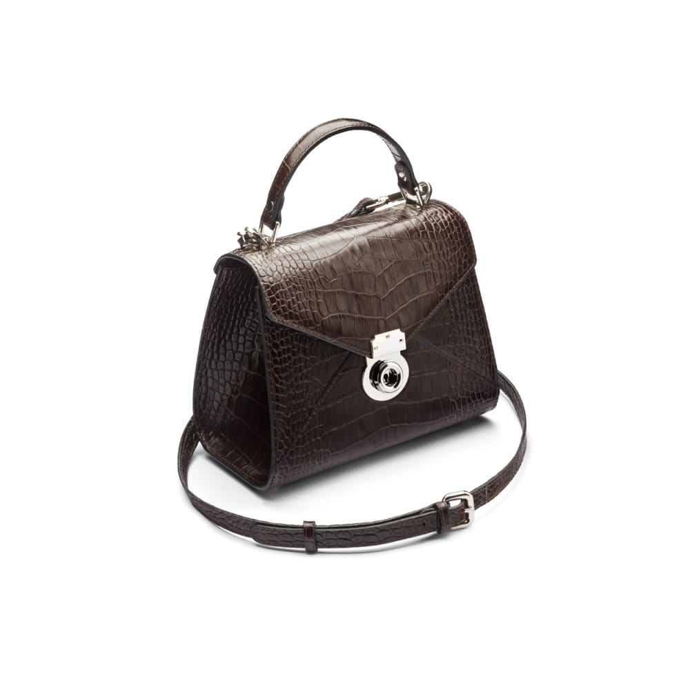 Mini Burnett small top handle bag, brown croc, side view