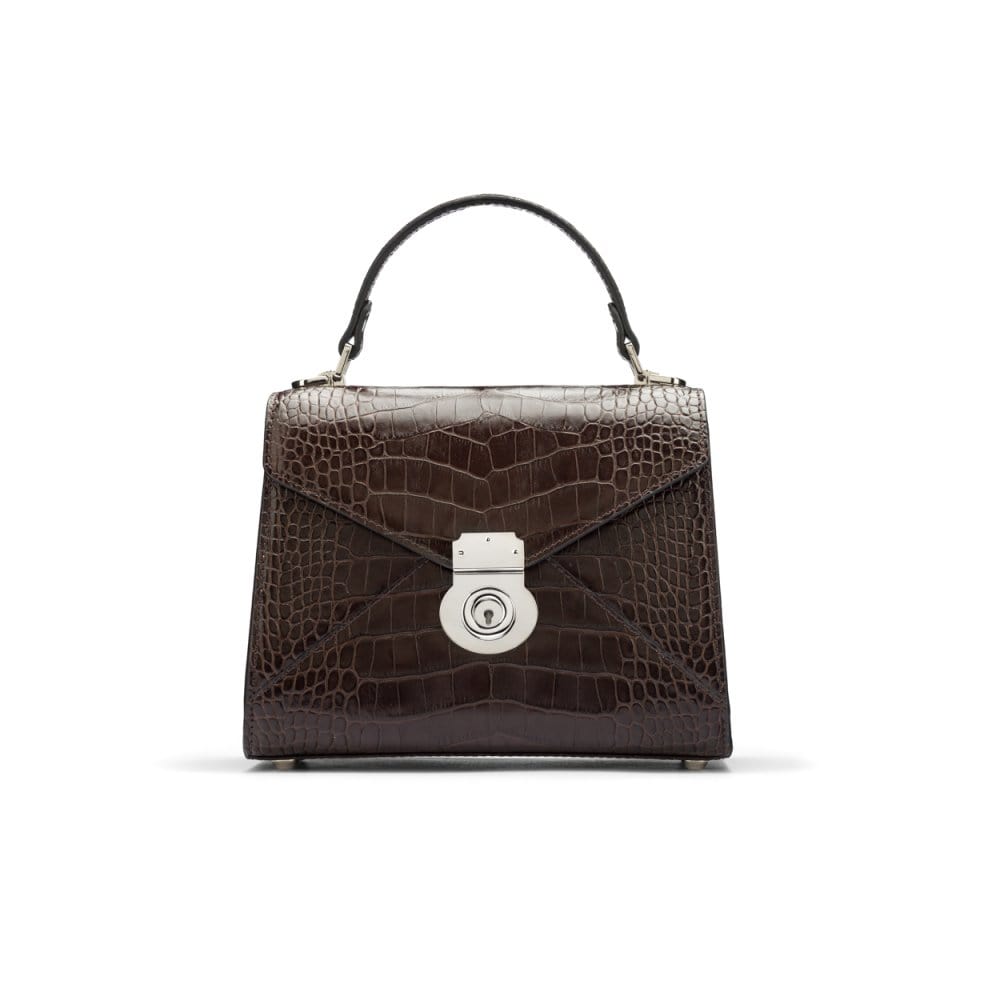 Mini Burnett small top handle bag, brown croc, front view