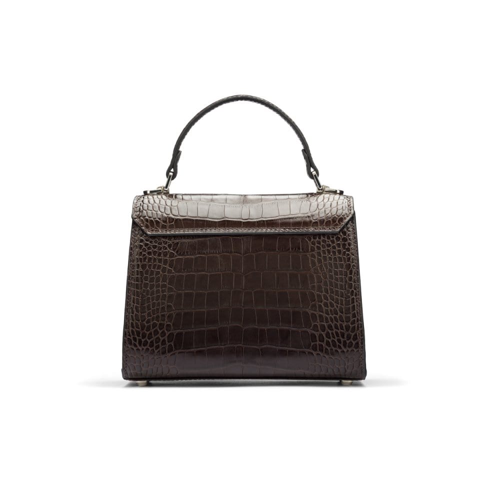 Mini Burnett small top handle bag, brown croc, back view