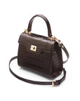 Mini leather Morgan Bag, top handle bag, brown croc, side view