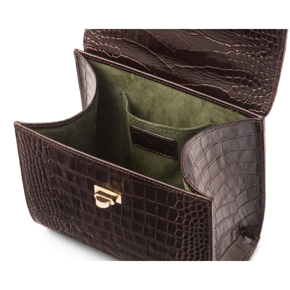 Mini leather Morgan Bag, top handle bag, brown croc, inside view