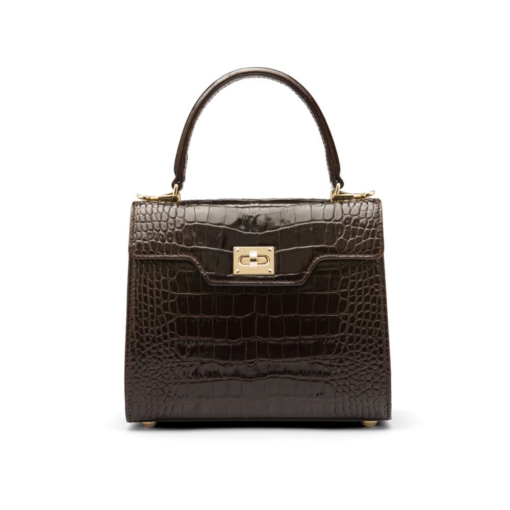 Mini leather Morgan Bag, top handle bag, brown croc, front view