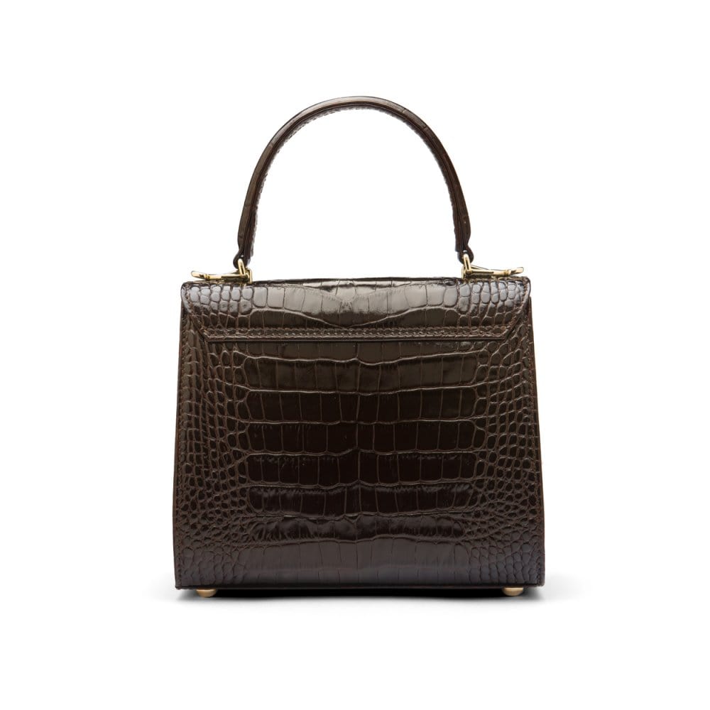 Mini leather Morgan Bag, top handle bag, brown croc, back view