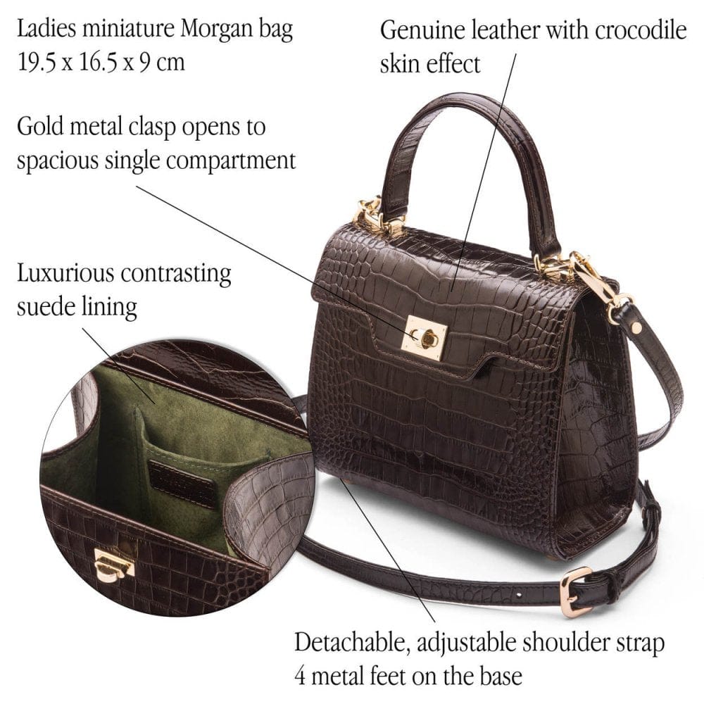 Mini leather Morgan Bag, top handle bag, brown croc, features