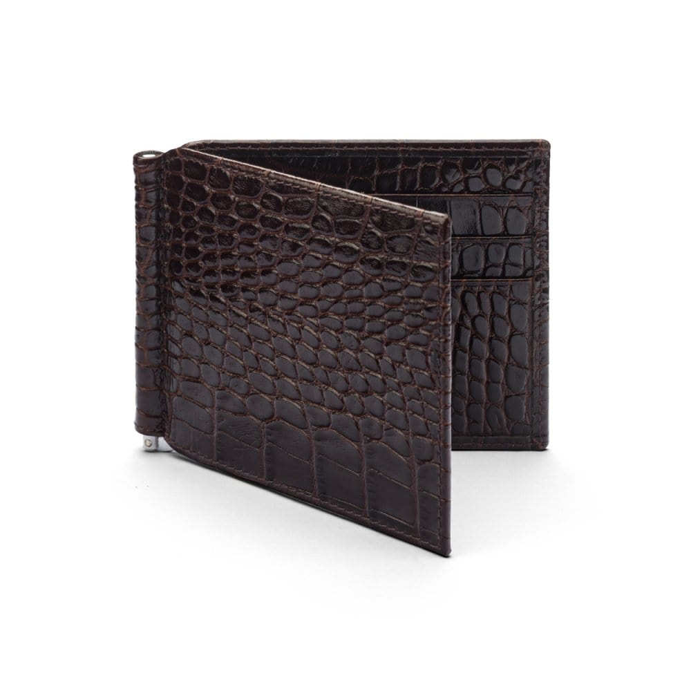 Brown Croc Compact Leather Wallet With Money Clip