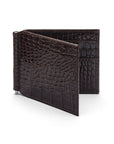 Brown Croc Compact Leather Wallet With Money Clip