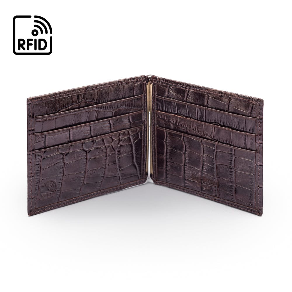 Leather money clip wallet, brown croc, open view