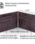 Leather money clip wallet, brown croc, features