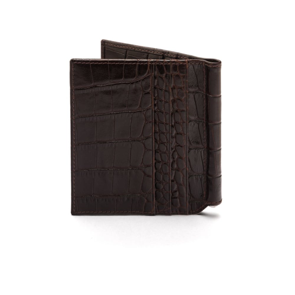Brown Croc Compact Leather Money Clip Wallet