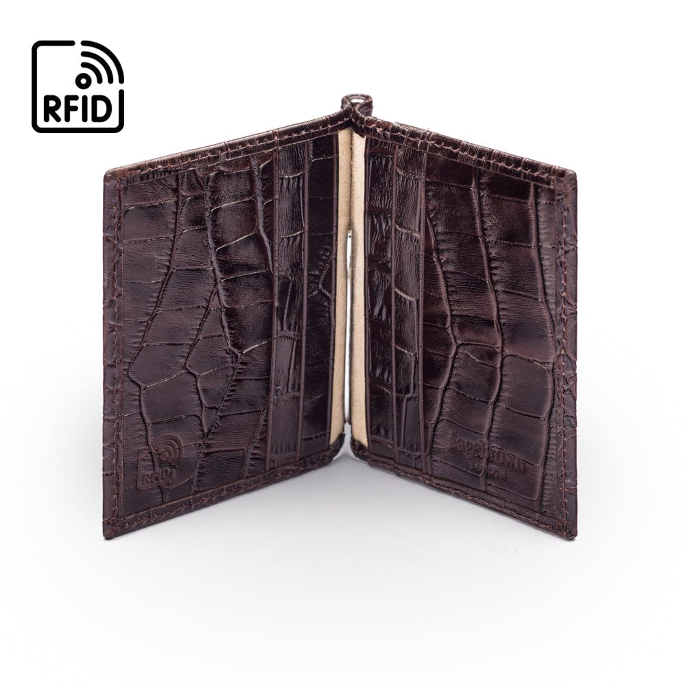 Clip wallet for men, brown croc, inside view