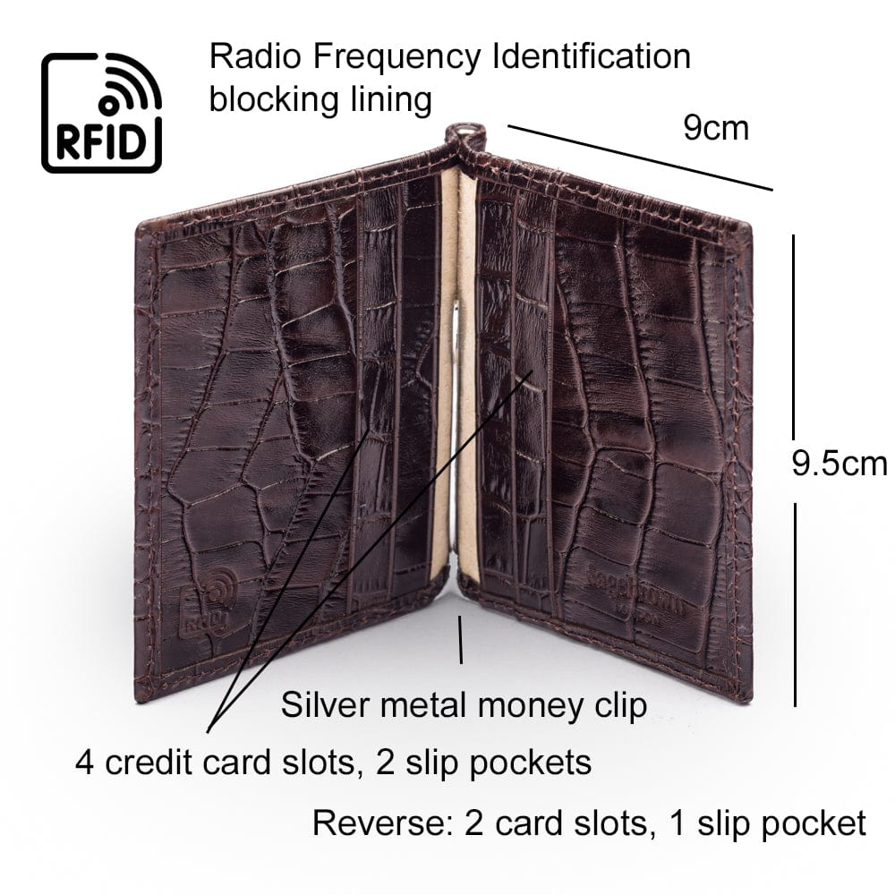 Clip wallet for men, brown croc, features