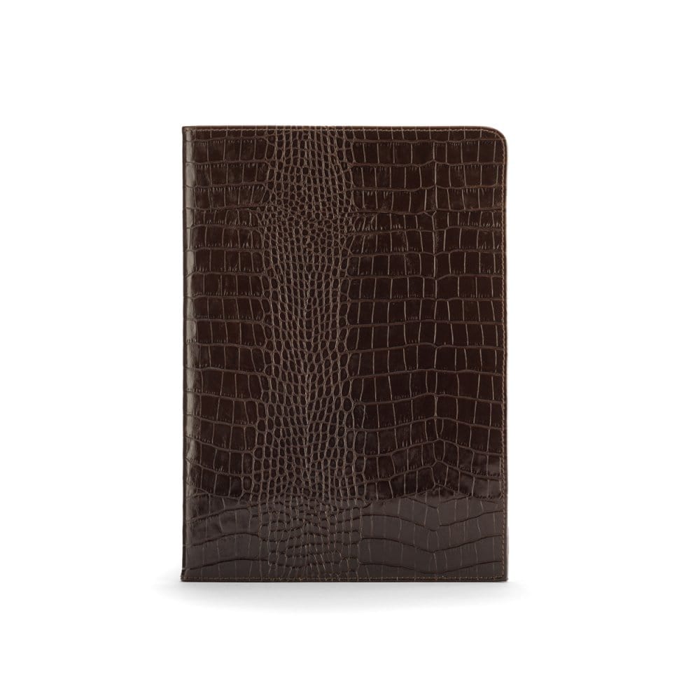Simple leather document folder, brown croc, front