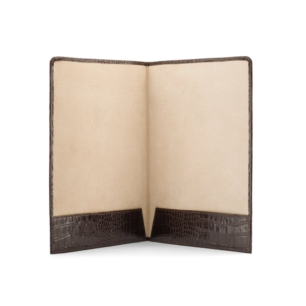 Simple leather document folder, brown croc, open