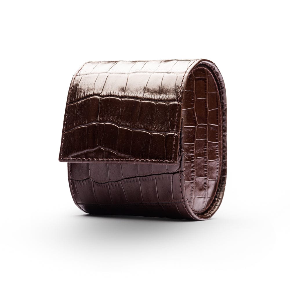 Single watch roll, brown croc, front