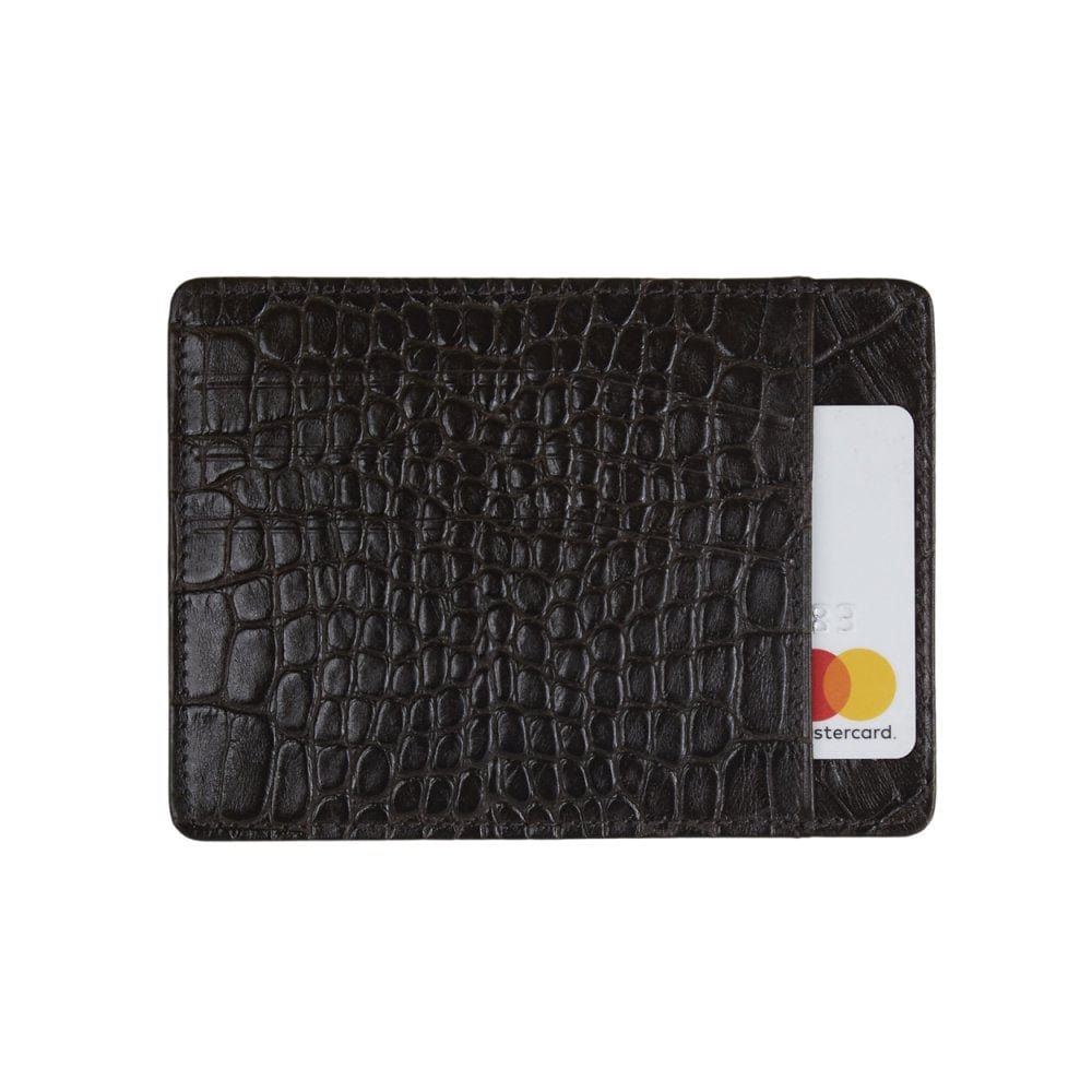 Flat leather credit card holder, brown croc, front