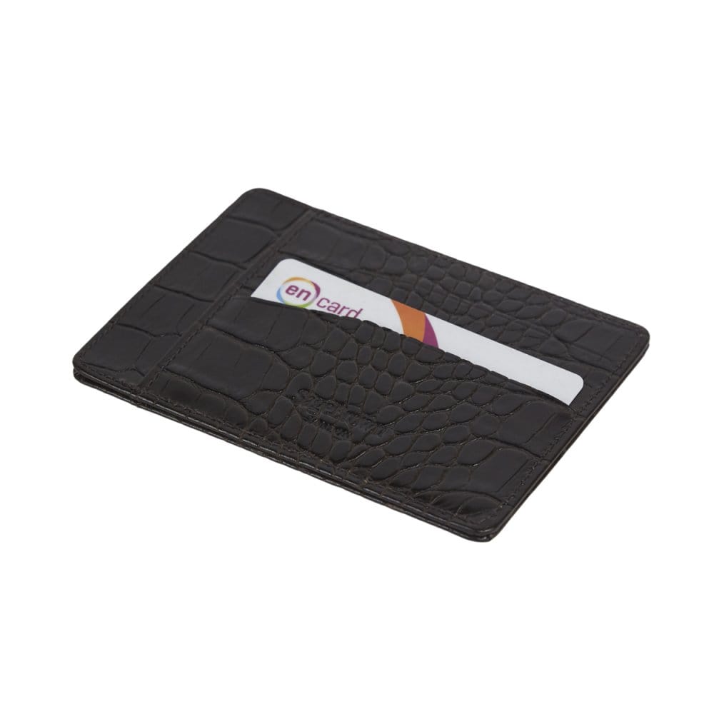 Flat leather credit card holder, brown croc, back