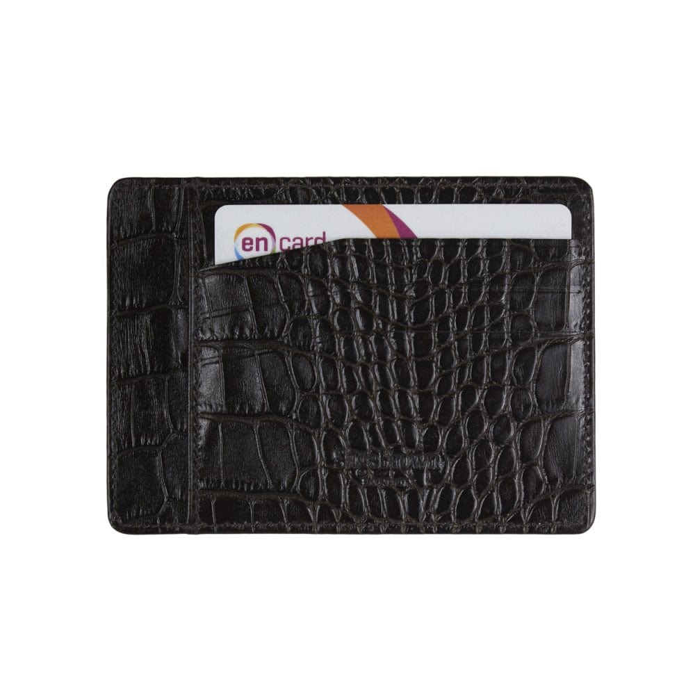 Flat leather credit card holder, brown croc, back view