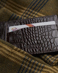 Flat leather credit card holder, brown croc, lifestyle