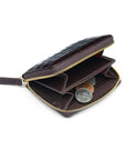 Small leather zip around accordion coin purse, brown croc, interior