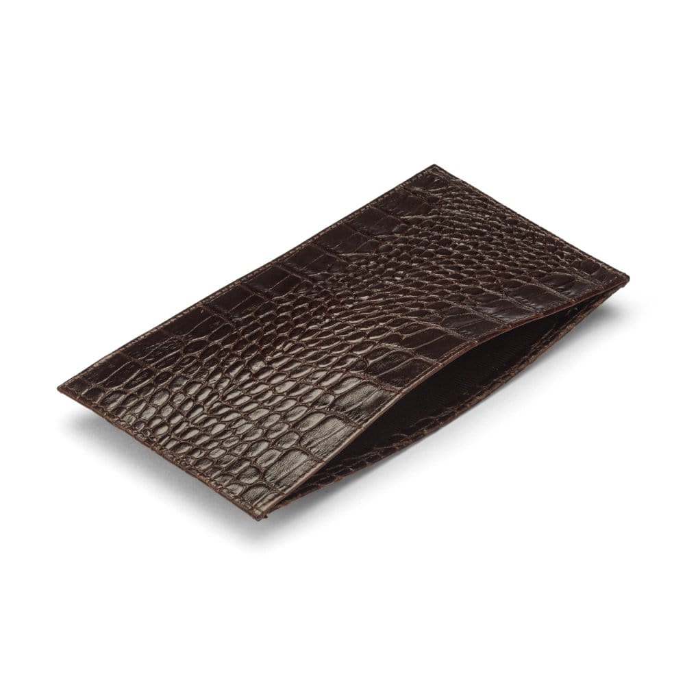 Brown Croc Tall Flat Leather Wallet With 8 CC