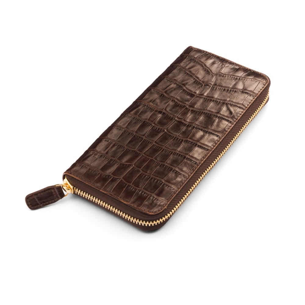 Tall leather zip around accordion purse, brown croc, front