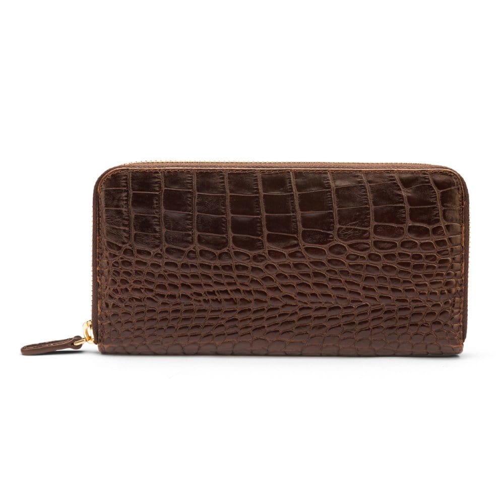 Tall leather zip around accordion purse, brown croc
