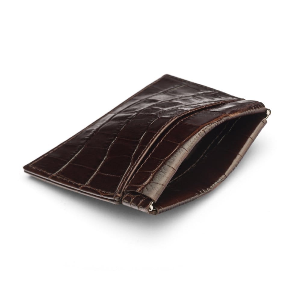 Leather squeeze spring coin purse, brown croc, open