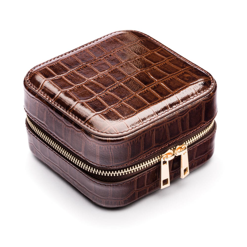 Leather travel jewellery case with zip, brown croc, side view