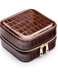 Leather travel jewellery case with zip, brown croc, side view