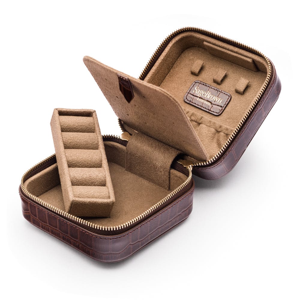 Leather travel jewellery case with zip, brown croc, inside view