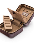 Leather travel jewellery case with zip, brown croc, inside view