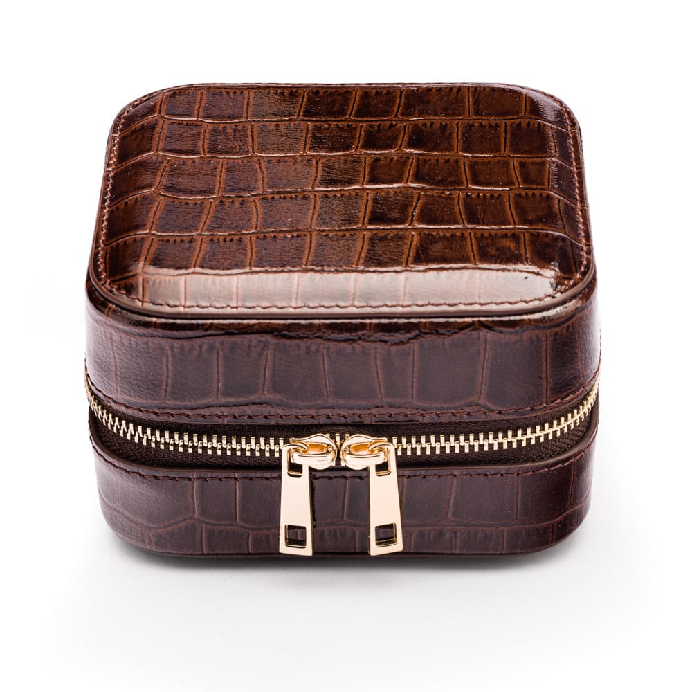 Leather travel jewellery case with zip, brown croc, front view