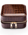 Leather travel jewellery case with zip, brown croc, front view