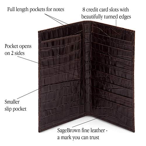 Slim tall leather suit wallet, brown croc, features