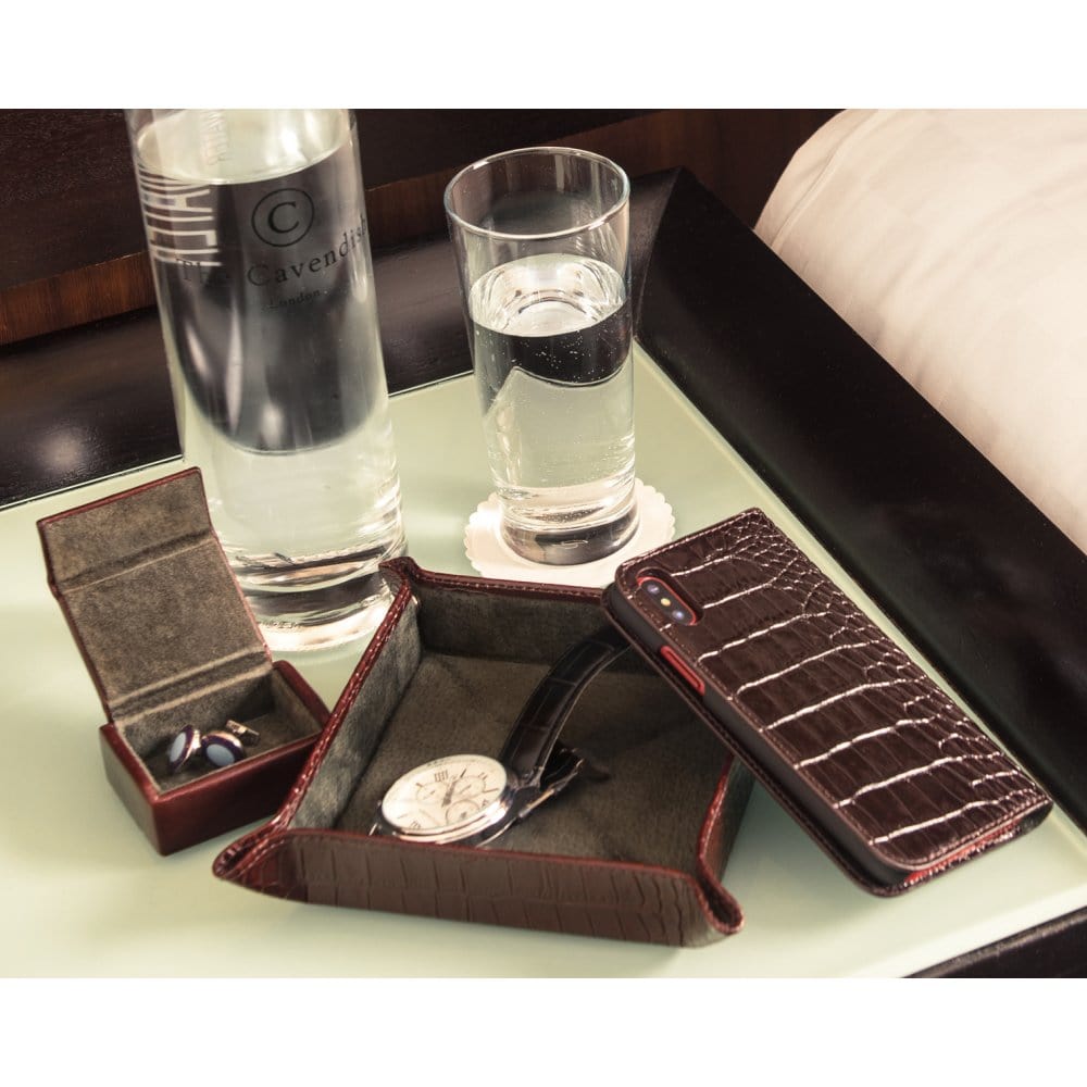 Leather valet tray, brown croc with green, lifestyle