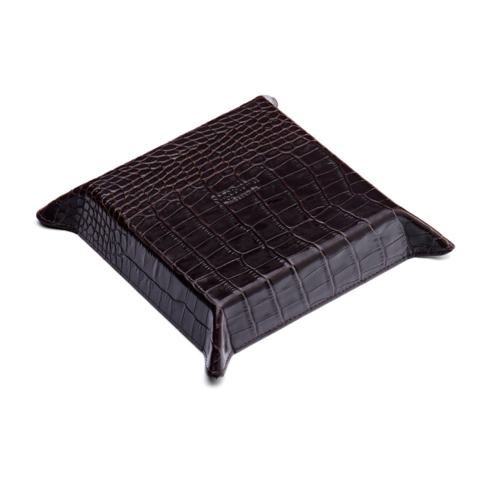 Leather valet tray, brown croc with green, base