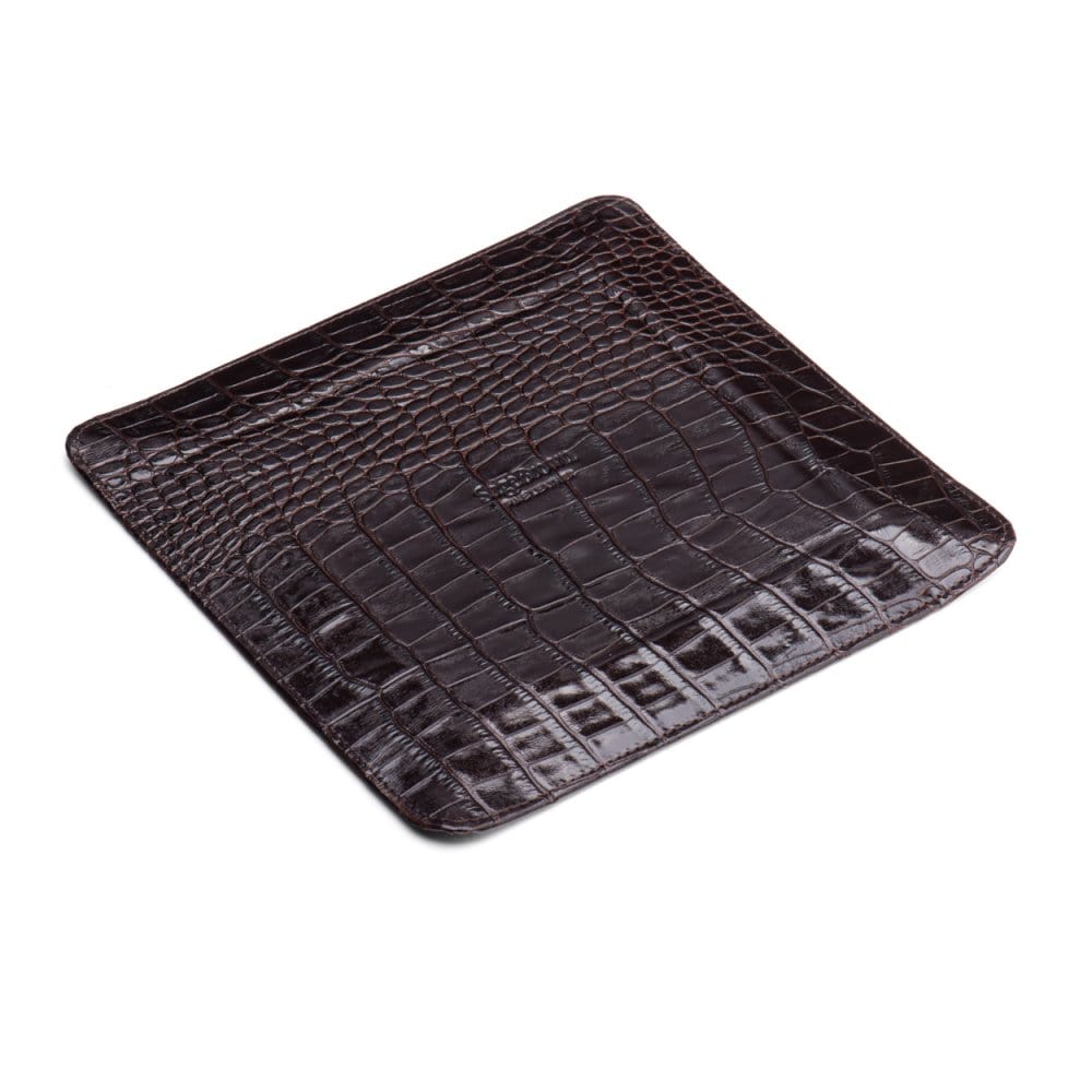 Leather valet tray, brown croc with green, flat base