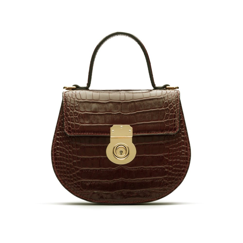 Leather rounded bottom top handle bag, brown croc, front